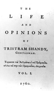 Strona tytułowa do The Life and Opinions of Tristram Shandy, Gentleman autorstwa Laurence Sterne, opublikowanej w 1760 r. autorstwa English School