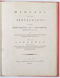 Strona tytułowa protokołu z rozprawy sądu wojskowego w Portsmouth, 12 sierpnia 1792, opublikowane w Londynie 1794 (druk) autorstwa English School