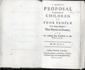 Strona tytułowa do A Modest Proposal autorstwa Jonathana Swifta, opublikowanej w 1729 roku (druk) autorstwa English School