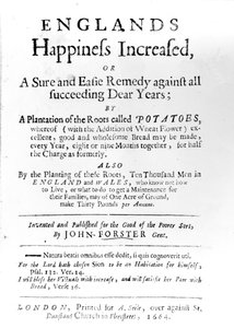 Strona tytułowa do Englands Happiness Increased autorstwa Johna Forstera, opublikowana w 1664 r. (papier drukowany) autorstwa English School