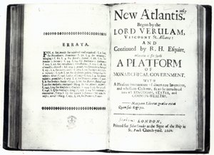 Strony tytułowe do Nowej Atlantydy Francisa Bacona, wydanie opublikowane w 1660 r. (druk) autorstwa English School