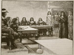 Titus Oates przed Tajną Radą, ilustracja z Cassells Illustrated History of England (zdjęcie w sepii) autorstwa English School