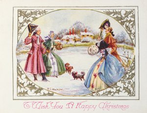 „Życzymy wesołych świąt”, karta wiktoriańska (chromolitho) autorstwa English School