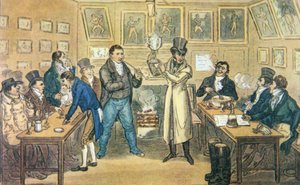 Salon Toma Cribba w Union Arms, Holborn, trzymający Puchar Cribba, z akwatinty Cruickshanka z „Życia w Londynie” Pierce