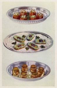 Kremy pomidorowe; Gondole z anchois; Krewetki w galarecie (kolorowa litografia) autorstwa English School