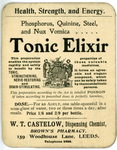 Etykieta Tonic Elixir, wczesna (lito) autorstwa English School