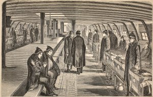 Górny pokład statku szpitalnego Unite, przymocowany do kadłubów w Woolwich, ilustracja z The Criminal Prisons of London i Scenes from Prison Life autorstwa Henry
