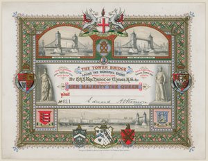 Tower Bridge, Londyn, Zaproszenie do wmurowania kamienia pamiątkowego, 21 czerwca 1886 r. autorstwa English School