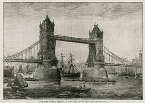 Tower Bridge podczas przypływu, z podniesionym mostem zwodzonym autorstwa English School