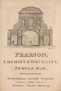 Karta handlowa dla Pearson, chemika i aptekarza, Temple Bar, Londyn (grawerowanie) autorstwa English School