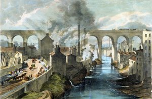 Pociąg przejeżdżający przez Stockport Viaduct na London  North Western Railway, ok. 1845 r. (kolorowa litografia) autorstwa English School