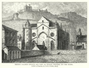 Kościół Trinity College i część szpitala Trinity po prawej stronie (rycina) autorstwa English School