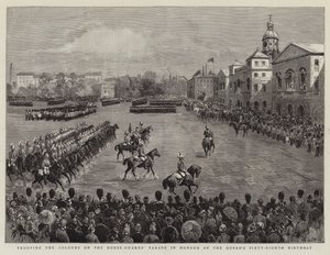 Trooping the Colors on the Horse-Guards” na cześć 68. urodzin królowej autorstwa English School