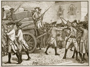 Żołnierze eskortujący ostemplowany papier do ratusza, Nowy Jork, 1766, ilustracja z Cassells Illustrated History of England (zdjęcie w sepii) autorstwa English School