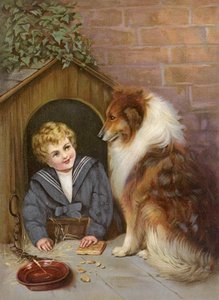 Turned Out - Chłopiec udający psa rasy Collie (kolorowa litografia) autorstwa English School
