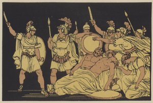 Turnus nad ciałami Alma i Galaesusa (litografia kolorowa) autorstwa English School