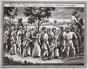 Dwudziestu dwóch więźniów przywiezionych w jednym zespole z Colchester do Londynu, ilustracja z Foxes Martyrs ok. 1703 r. autorstwa English School