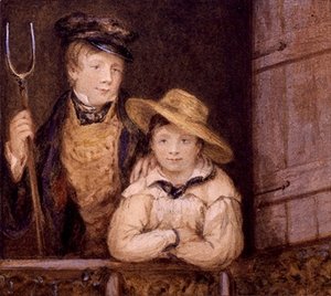 Dwóch chłopców przy drzwiach stodoły, ok. 1825 (akwarela na papierze) autorstwa English School
