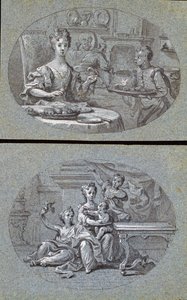 Dwie sceny domowe, ok. 1725 (czarno-biała kreda na niebieskim papierze) autorstwa English School