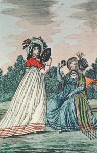 Dwie modne damy w ogrodzie, ok. 1800 (kolor grawerowany) autorstwa English School