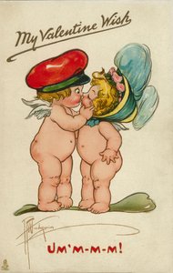 Dwa całujące się cherubiny (kolorowa litografia) autorstwa English School