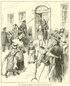 „Dwóch konnych Kozaków w pełnym umundurowaniu stało na warcie” (rycina) autorstwa English School