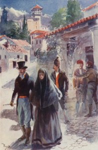 Dwóch lub trzech młodych mężczyzn odprowadziło Orso i jego siostrę do drzwi (kolor lito) autorstwa English School