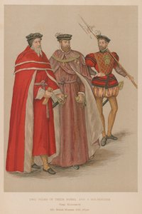 Dwóch rówieśników w szatach i Halberdier z epoki elżbietańskiej autorstwa English School