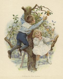 Dwoje małych dzieci siedzących na gałęziach drzewa autorstwa English School