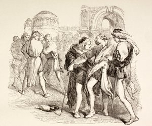 Tybalt zostaje śmiertelnie ranny przez Romea, ilustracja z Romea i Julii, z „The Illustrated Library Shakespeare”, wydanej w Londynie 1890 autorstwa English School