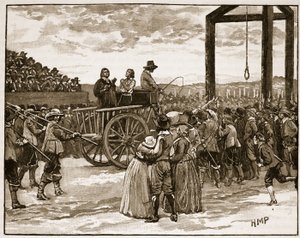 Tyburn w czasach Karola I, ilustracja z Cassells Illustrated History of England (zdjęcie w sepii) autorstwa English School