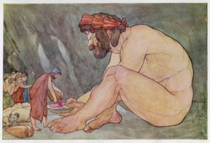 Ulisses daje Wino cyklopom (kolor lito) autorstwa English School