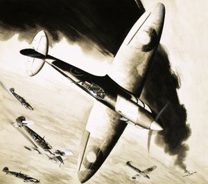 Үл мэдэгдэх Spitfire Германы сөнөөгчтэй тэмцэлдэж байна autorstwa English School