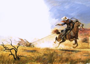 Niezidentyfikowany kowboj strzela do zaklętego na lasso lwa górskiego autorstwa English School