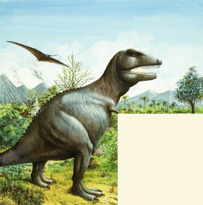 Niezidentyfikowana scena dinozaura z T Rexem i Pterodactylem autorstwa English School