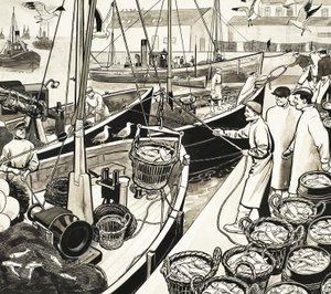 Niezidentyfikowany port rybacki z rybami na nabrzeżu autorstwa English School