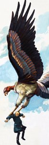 Niezidentyfikowana ilustracja przedstawiająca człowieka niesionego przez gigantycznego ptaka autorstwa English School