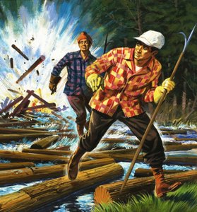 Niezidentyfikowani drwale uciekający przed wybuchem wśród kłód autorstwa English School