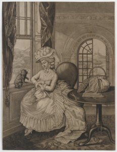 Bez tytułu (kobieta siedząca w oknie z małym pieskiem), ok. 1780 (mezzotinta) autorstwa English School