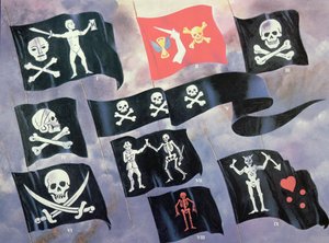 Różne flagi używane przez słynnych piratów (kolor lito) autorstwa English School