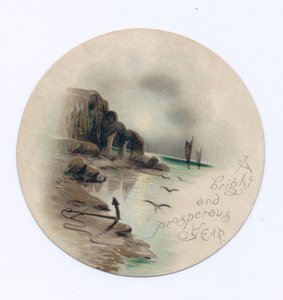 Wiktoriańska okrągła kartka noworoczna przedstawiająca pejzaż morski z dwoma jachtami w księżycową noc, ok. 1880 r. (kolor lito) autorstwa English School