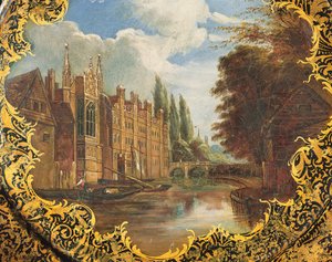 Wiktoriańska tablica ozdobiona sceną St. Johns College, Cambridge, Third Court i mostem (papier mache) autorstwa English School