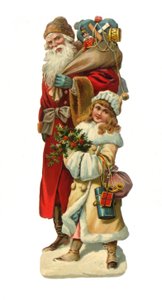Wiktoriański papierowy relief Świętego Mikołaja niosącego prezenty, ok.1880 autorstwa English School