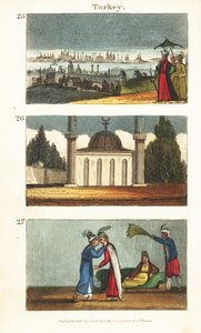 Widok na Konstantynopol (Stambuł) na początku XIX wieku 25, muzułmański meczet z kopułą i minaretami 26 oraz młode Greczynki całujące się w oczy 27 autorstwa English School