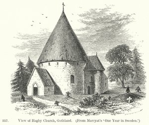 Widok na kościół Hagby, Gothland (rycina) autorstwa English School