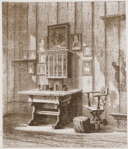 Widok pokoju Lutra w Wartburgu, ukazujący plamę atramentu na ścianie, ilustracja z Historii protestantyzmu Jamesa Aitkena Wylie (1808-1890), wyd. 1878 autorstwa English School
