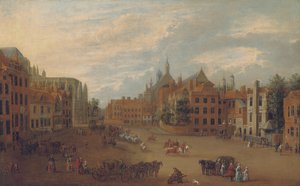 Widok na Old Palace Yard, Westminster, ze wschodnim krańcem Opactwa Westminsterskiego i kaplicą króla Henryka VII po lewej stronie, ok. 1700 autorstwa English School