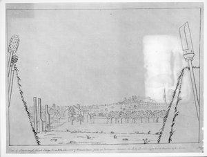 Widok na kościół Roxborough, Kings Arms i kominy Browns House, ze strzelnicy między portem sally a prawym bastionem linii, 1776 autorstwa English School