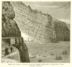 Widok na St. Helena (Jamestown i Drabina 600 Steps up Ladder Hill; z Mundens Battery) autorstwa English School