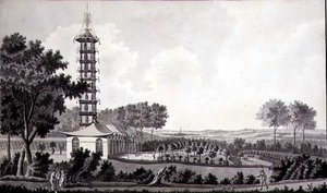 Widok holenderskiego ogrodu z chińską pagodą, ok. 1770 (pióro i atrament z akwarelą na papierze) autorstwa English School